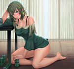  alcohol arm_support bangs bare_legs bare_shoulders barefoot beer blonde_hair blue_eyes blush breasts can cleavage collarbone covered_nipples curtains dress drunk fringe_trim full_body gradient_hair green_dress green_eyes green_hair hand_on_head head_rest heterochromia idolmaster idolmaster_cinderella_girls indoors large_breasts lasterk leaning_to_the_side lips long_legs long_sleeves looking_at_viewer md5_mismatch mole mole_under_eye multicolored_hair no_legwear off-shoulder_dress off_shoulder parted_lips short_dress short_hair sitting smile soda_can solo takagaki_kaede tsurime wooden_floor 