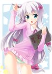  absurdres blue_eyes blush eromanga_sensei hair_ribbon highres izumi_sagiri long_hair long_sleeves looking_at_viewer multi-tied_hair open_mouth pajamas panties ribbon star striped striped_panties stylus sushi_maru tablet underwear white_hair 