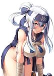  bandaged_arm bandages blue_eyes breasts chain commentary eyebrows_visible_through_hair folded_hair headband ichikawa_feesu kamoi_(kantai_collection) kantai_collection large_breasts leaning_forward long_hair looking_at_viewer panties pelvic_curtain shirt side-tie_panties side_slit sideboob sidelocks silver_hair simple_background smile solo string_panties sweat taut_clothes taut_shirt tied_hair underwear white_background 