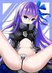  bangs black_coat blue_eyes blue_ribbon blush closed_mouth commentary_request crotch_plate eyebrows_visible_through_hair fate/extra fate/extra_ccc fate_(series) hair_between_eyes hair_ribbon juliet_sleeves long_hair long_sleeves looking_at_viewer meltlilith navel puffy_sleeves purple_hair ribbon sitting smile solo spread_legs templus thighs thong 
