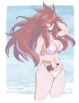  amou_kanade bikini breasts cleavage closed_mouth commentary_request covered_nipples cropped_legs eyebrows_visible_through_hair hair_between_eyes hand_in_hair highres hips holding large_breasts long_hair murakami_hisashi outdoors red_eyes red_hair senki_zesshou_symphogear solo standing strap_gap string_bikini swimsuit very_long_hair wading white_bikini wind 