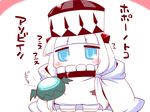  bangs blue_eyes blunt_bangs cape chibi commentary_request dress glowing hat horns kantai_collection long_hair looking_at_viewer northern_water_hime sako_(bosscoffee) shinkaisei-kan sidelocks sitting solo translation_request white_background white_hair 