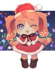  1girl boots christmas_clothes christmas_hat dog furry gamuu one_eye_closed open_mouth purple_eyes solo 