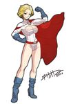  absurdres belt blonde_hair blue_eyes boots breasts cape cleavage cleavage_cutout closed_mouth date_naoto dc_comics gloves hand_on_hip highres large_breasts power_girl superhero thighs 
