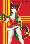  anthro cat christmas clothed clothing digital_media_(artwork) english_text feline female fur gloves hair hi_res holidays looking_at_viewer mammal multicolored_fur raveneevee red_iris simple_background smile solo text underwear white_fur 