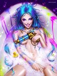  absurdres ayya_saparniyazova bath bathing bathtub blue_hair breasts covering covering_breasts gumroad_reward hair_down highres huge_filesize jinx_(league_of_legends) league_of_legends looking_at_viewer navel nude paid_reward paint_splatter partially_submerged realistic resized runny_makeup small_breasts smile soap_bubbles solo stomach underboob water weapon wet wet_hair 
