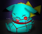  ball_gag bdsm bondage bound drooling gag gagged hi_res male nintendo pikachu pok&eacute;mon rope saliva simple_background soupcanz trimint_the_pikachu twintails_(disambiguation) video_games 