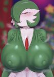 absurd_res big_breasts blurred_background breasts christmas christmas_tree female gardevoir generation_3_pokemon green_hair hair hair_over_eye hi_res holidays kaxiota nintendo not_furry one_eye_obstructed plant pokemon pokemon_(species) red_eyes solo tree white_body