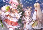  3girls angel_wings animal_ear_fluff animal_ears black_gloves black_pantyhose blonde_hair blue_archive blush capelet christmas christmas_tree double_bun dress feathered_wings flower fox_ears gloves hair_bun hair_flower hair_ornament halo holding holding_sack light_brown_hair long_hair long_sleeves mashiro_aa mika_(blue_archive) multiple_girls nagisa_(blue_archive) open_mouth pantyhose peroro_(blue_archive) pink_flower pink_hair pink_halo red_capelet red_dress sack seia_(blue_archive) smile thighhighs white_dress white_flower white_thighhighs white_wings wings yellow_eyes yellow_halo 