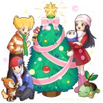  1girl 2boys arutarika_(ri_kaoekaki) barry_(pokemon) beanie beret black_hair blonde_hair boots buttons chimchar chingling christmas christmas_tree closed_mouth coat commentary_request dawn_(pokemon) green_scarf hair_ornament hairclip hat holding holding_pokemon jacket long_hair long_sleeves lucas_(pokemon) multiple_boys over-kneehighs pants piplup pokemon pokemon_(creature) pokemon_dppt pokemon_platinum red_coat red_headwear scarf shoes short_hair smile starter_pokemon_trio striped striped_jacket thighhighs tree turtwig white_background 