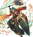  1boy attack axe battle_axe cape ephraim_(fire_emblem) ephraim_(twin_refulgence)_(fire_emblem) ephraim_(twin_refulgence)_(resplendent)_(fire_emblem) fire fire_emblem fire_emblem:_the_sacred_stones fire_emblem_heroes gold_trim green_eyes highres holding holding_axe holding_shield non-web_source official_alternate_costume official_art open_mouth red_cape shield solo weapon 