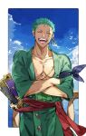  1boy absurdres border closed_eyes coat earrings fence green_coat green_hair haramaki highres jewelry katana male_focus multiple_swords multiple_weapons oboro_keisuke one_piece pectoral_cleavage pectorals red_sash roronoa_zoro sash scar scar_on_chest scar_on_face short_hair single_earring sky smile solo sword weapon wooden_fence 