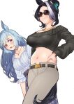  absurdres animal_ears belt blue_hair blush braid breasts casual cleavage closed_mouth collarbone commentary_request crown_braid fat hair_bun hair_ornament highres horse_ears horse_tail jewelry large_breasts mejiro_ardan_(umamusume) mejiro_ramonu_(umamusume) navel necklace open_mouth pants pout purple_eyes simple_background sunglasses surprised suzysasato tail umamusume white_background 