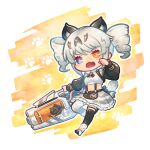  1girl animal_ears asymmetrical_legwear black_sleeves black_thighhighs chibi drill_hair fang grey_eyes grey_hair grey_skirt heterochromia highres holding_cannon huge_weapon karenina:_ember_(deed_of_snow_leopard)_(punishing:_gray_raven) karenina:_ember_(punishing:_gray_raven) karenina_(punishing:_gray_raven) leopard_ears leopard_tail long_sleeves maid midriff mismatched_legwear navel official_alternate_costume open_mouth orange_eyes punishing:_gray_raven shirt sidelocks skin_fang skirt solo tail thighhighs towasuke twin_drills weapon white_shirt white_thighhighs 