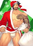  1boy abs alternate_costume arm_tattoo bara bare_pectorals beard beard_stubble black_hair christmas facial_hair feet_out_of_frame full_beard gift_bag hanzo_(overwatch) hat highres hunterkay large_pectorals male_focus mature_male muscular muscular_male nipples overwatch overwatch_1 pectorals red_headwear santa_costume santa_hat short_hair shy solo standing stomach tattoo textless_version thick_eyebrows thick_thighs thighs 