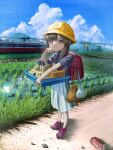 1girl absurdres backpack bag blue_sky brown_hair can child cloud coca-cola crying crying_with_eyes_open day drink_can full_body grass grey_shirt hat highres holding holding_tray kagenoyuhi long_hair looking_at_viewer low_twintails model_building original outdoors purple_footwear randoseru red_bag red_eyes rice_paddy school_hat shirt shoes short_sleeves skirt sky soda_can solo standing streaming_tears striped striped_shirt tears train tray twintails white_skirt wiping_tears yellow_headwear 