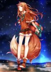  1girl animal_ears apple arms_behind_back ayakura_juu belt black_belt boots brown_hair capelet charm_(object) commentary dress food fruit full_body gift grass green_ribbon highres holding holding_food holding_fruit holding_gift holo large_tail long_hair looking_at_viewer night night_sky outdoors red_capelet red_eyes red_footwear ribbon santa_dress short_dress sidelocks sky smile snow solo spice_and_wolf standing star_(sky) starry_sky tail wolf_ears wolf_girl wolf_tail 
