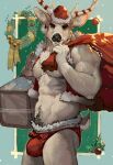  1boy animal_ears antlers bad_id bad_tumblr_id bara blush bulge carrying carrying_under_arm christmas christmas_wreath cropped_jacket deer_boy deer_ears deer_tail feet_out_of_frame from_side fur-trimmed_shorts fur_trim furry furry_male gift_bag hat inset_border large_pectorals looking_at_viewer looking_to_the_side male_focus muscular muscular_male original pectorals red_headwear reindeer_antlers reindeer_boy rumlockerart santa_costume santa_hat short_hair shorts smile solo standing tail thick_eyebrows thick_navel_hair wreath 