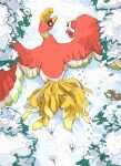  animal_focus aomon_(yuuji7604) beak bird bird_tail commentary_request delibird feathered_wings feathers from_above highres ho-oh no_humans pokemon pokemon_(creature) red_eyes red_feathers snom snow tail tree wings 