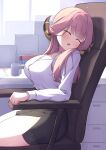  1girl aru_(blue_archive) black_skirt blue_archive blush breasts brown_horns cleavage closed_eyes cocoablue23 collared_shirt cowboy_shot cup demon_horns highres horns indoors large_breasts long_hair long_sleeves open_mouth paper pencil_skirt pink_hair shirt side_slit sitting skirt sleeping solo white_shirt 