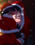  2boys anamogu_(kuro771017) bara bardock black_hair blush christmas couple dark-skinned_male dark_skin dragon_ball dragon_ball_z foreplay french_kiss from_side gloves grabbing hat highres hood hood_up kiss large_pectorals male_focus mature_male monkey_tail multiple_boys muscular muscular_male nipples pectoral_grab pectorals red_headwear santa_costume santa_gloves santa_hat scar scar_on_cheek scar_on_face short_hair snowing spiked_hair tail thick_eyebrows tongue tongue_out tullece yaoi 