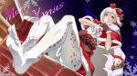  1girl :o asymmetrical_bangs boots bow brown_gloves capelet carrying_bag dutch_angle feet foot_focus fur-trimmed_capelet fur-trimmed_footwear fur-trimmed_gloves fur-trimmed_skirt fur_trim gift_bag gloves hair_bow highres link!_like!_love_live! love_live! merry_christmas multicolored_hair pantyhose red_capelet red_eyes red_footwear red_hair red_skirt sitting skirt sky snowflake_print snowflakes solo star_(sky) starry_sky streaked_hair stuffed_animal stuffed_penguin stuffed_toy toron_(mino106) unworn_footwear white_hair white_pantyhose yugiri_tsuzuri 