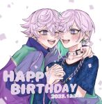  2023 2boys aqua_hair blush brothers cozmez_(paradox_live) dated happy_birthday highres holding_hands looking_at_viewer male_focus multicolored_hair multiple_boys one_eye_closed open_mouth paradox_live phantometal_(paradox_live) purple_eyes purple_hair siblings smile tamago_8222 teeth twins yatonokami_kanata yatonokami_nayuta 