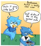 absurd_res avian beak berdly bird blue_hair controller deltarune dialogue duo english_text eyewear female game_controller glasses hair hi_res jam_as_day_(artist) male martlet_(undertale_yellow) neck_tuft text tuft undertale undertale_(series) undertale_yellow wings