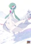  1other closed_mouth colored_skin commentary_request copyright_name day gardevoir green_hair highres medium_hair outdoors pink_eyes pokemon pokemon_(creature) pokemon_unite smile snow snow_sculpture solo standing suahh tree white_skin 