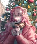 absurd_res anthro bear blue_eyes bust_portrait christmas christmas_tree clothed clothing ear_piercing ear_ring ear_stud eyelashes female front_view fur gauged_ear glistening glistening_eyes hair hi_res holidays jacket mammal marie_merkh no_pupils outside piercing pink_clothing pink_hair pink_jacket pink_topwear plant portrait ring_piercing scarf smile snow snowing solo tan_scarf topwear tree white_body white_clothing white_fur white_topwear