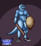 2023 absurd_res anthro balls biped blue_balls blue_body blue_penis blue_scales blue_tail brown_clothing claws clothing digital_drawing_(artwork) digital_media_(artwork) flaccid genitals glans hi_res holding_object holding_shield holding_sword holding_weapon humanoid_genitalia humanoid_penis lizard lizzyglizzy male melee_weapon orange_eyes penis reptile scales scalie shield solo sword tail watermark weapon white_claws