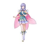  1girl absurdres alternate_costume belt_pouch boots cape circlet closed_mouth commentary_request dress feather_trim fire_emblem fire_emblem:_radiant_dawn fire_emblem_heroes full_body gold_trim gradient_clothes hair_ornament hand_on_own_chest hand_up highres ilyana_(fire_emblem) jewelry knee_boots long_hair looking_at_viewer official_alternate_costume official_art pouch purple_eyes purple_hair short_dress short_sleeves simple_background skirt solo standing turtleneck urata_asao wrist_cuffs 