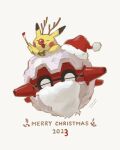  2023 :d bell christmas closed_eyes commentary fake_beard fake_facial_hair forretress happy hat highres holding holding_paintbrush merry_christmas mokuzou_(moku_ssbu) no_humans open_mouth paintbrush pikachu pokemon pokemon_(creature) red_headwear santa_hat smile white_background 