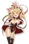  1girl animal_ears armpits arms_up bell black_thighhighs blonde_hair blush breasts capelet christmas cleavage drill_hair fake_animal_ears fur_trim garter_straps green_ribbon highleg highleg_leotard highres large_breasts leotard long_hair looking_at_viewer mahou_shoujo_madoka_magica mahou_shoujo_madoka_magica_(anime) open_mouth playboy_bunny rabbit_ears red_leotard red_ribbon ribbon santa_costume simple_background smile solo strapless strapless_leotard thighhighs tomoe_mami twin_drills twintails white_background yellow_eyes you2 