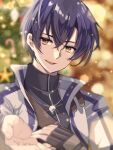  1boy black_hair christmas_tree double-parted_bangs eiyuu_densetsu english_commentary fingerless_gloves gloves hair_between_eyes jacket jewelry joshua_bright natsusechoco necklace pov sen_no_kiseki short_hair smile solo yellow_eyes 