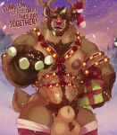 abs animal_genitalia anthro antlers balls biceps body_hair chest_hair deer fur genitals hi_res horn insanysage male mammal new_world_deer nipples pecs pubes red_nose reindeer sany_(insanysage) scut_tail sheath short_tail solo tail