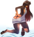  2017 anthro armpits breasts brown_hair butt canine clothed clothing dog ear_piercing female hair hair_over_eye hindpaw kneeling long_hair looking_at_viewer looking_back mammal pastelletta pawpads paws piercing rottweiler side_boob smile solo sweater virgin_killer_sweater 