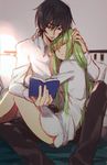  1girl arm_around_neck bare_legs bed bed_sheet black_hair book breasts brown_pants c.c. closed_eyes code_geass collarbone collared_shirt commentary couple creayus day eyebrows_visible_through_hair green_hair hair_between_eyes hand_on_another's_head hetero holding holding_book hug indoors lelouch_lamperouge long_hair long_sleeves no_pants on_bed open_book pants pillow purple_eyes reading shirt sitting sketch sleeping sleeping_upright small_breasts sunlight underboob very_long_hair white_shirt wing_collar 