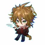  1boy ahoge animal_ears blood blood_on_clothes blue_pants brown_hair brown_jacket chibi cigarette closed_mouth denim fur-trimmed_jacket fur_trim hair_between_eyes holding holding_cigarette isoi_reiji jacket jeans kemonomimi_mode leopard_boy leopard_ears leopard_tail long_sleeves male_focus ming_chao open_clothes open_jacket pants red_shirt saibou_shinkyoku sanpaku shirt simple_background smoke solo tail white_background 