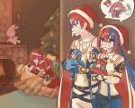  !? 1boy 2girls absurdres alear_(female)_(fire_emblem) alear_(fire_emblem) alear_(male)_(fire_emblem) blue_eyes blue_gloves blue_hair brown_gloves cape capelet chibi christmas christmas_tree closed_eyes commentary_request dress fake_facial_hair fake_mustache fire_emblem fire_emblem_engage fire_emblem_heroes fur-trimmed_capelet fur-trimmed_headwear fur-trimmed_sleeves fur_trim gift gloves hair_between_eyes hair_ornament hat heterochromia highres holding holding_gift indoors long_hair long_sleeves lying multicolored_hair multiple_girls netugen33 official_alternate_costume red_cape red_capelet red_dress red_eyes red_hair red_headwear sack santa_costume santa_hat short_hair split-color_hair star_(symbol) star_hair_ornament stuffed_animal stuffed_toy sweatdrop thought_bubble two-tone_cape two-tone_hair very_long_hair white_cape yunaka_(fire_emblem) yunaka_(fire_emblem)_(spirited_envoy) 