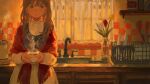  1girl blue_eyes brown_hair collared_dress cup dot_nose dress floral_print flower hair_between_eyes holding holding_cup indoors kitchen long_hair long_sleeves oimoti_tn open_mouth original painterly red_shawl shawl solo standing steam tareme teapot white_dress 