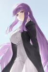  1girl absurdres black_coat blunt_bangs breasts buttons coat collar cotta_(heleif) dress fern_(sousou_no_frieren) frilled_collar frills highres large_breasts long_coat long_dress long_hair long_sleeves looking_at_viewer open_clothes open_coat purple_eyes purple_hair sidelocks simple_background solo sousou_no_frieren straight_hair white_dress 