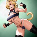  1girl :d abs animal_ear_fluff animal_ears bare_shoulders black_gloves black_thighhighs blonde_hair blue_eyes breasts cameltoe cat_ears cat_girl cat_tail cleavage clenched_hands collar covered_nipples fangs fingerless_gloves gloves gradient_background hair_intakes highres large_breasts midriff minamoto80486 muscular muscular_female navel original panties pubic_tattoo purple_panties purple_tube_top red_collar short_hair smile solo strapless tail tattoo teeth thighhighs thighs tube_top underboob underwear upper_teeth_only yellow_tail 