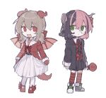  2girls black_necktie black_skirt bow brown_hair crea_flankenstein dragon_horns dragon_tail dragon_wings dress fangs funamusea hair_bow highres horns jacket looking_at_viewer multicolored_hair multiple_girls necktie open_mouth poemi_(haiiro_teien) red_bow red_jacket red_thighhighs short_twintails skirt smile split-color_hair streaked_hair tail thighhighs twintails wenyu19_19 white_dress wings 