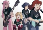  4girls amogan blue_hair bocchi_the_rock! bow bowtie cube_hair_ornament drum drum_set drumming drumsticks frown gotoh_hitori green_eyes hair_ornament hairpin highres holding holding_drumsticks ijichi_nijika instrument kita_ikuyo microphone multiple_girls music open_mouth pants parody pink_hair pink_pants playing_guitar playing_instrument red_bow red_bowtie red_hair serious shirt smile studio_ghibli style_parody sweatdrop t-shirt yamada_ryo yellow_eyes 