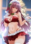  1girl bare_shoulders bra breasts cleavage collarbone engo_(aquawatery) fate/grand_order fate_(series) hair_between_eyes hat highres large_breasts long_hair looking_at_viewer miniskirt navel purple_hair red_bra red_eyes red_skirt santa_hat scathach_(fate) skirt smile solo thighs underwear 