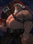  1boy absurdres arm_belt bara beard belt big_belly cam_(camspoe) chest_harness christmas facial_hair fat feet_out_of_frame full_beard gift harness hat highres holding holding_gift large_pectorals looking_at_viewer male_focus mature_male muscular muscular_male old old_man original pectorals red_headwear santa_costume santa_hat short_hair solo standing thick_beard thick_eyebrows thick_mustache veins veiny_arms white_hair 