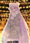  1girl alternate_costume black_eyes blurry blurry_background bokeh braid buttons closed_mouth coat commentary cowboy_shot depth_of_field eyelashes fur_hat grey_coat hat head_tilt highres iono_(pokemon) kana_(kanna_runa0620) long_hair looking_at_viewer multicolored_hair pink_hair pokemon pokemon_sv scarf smile solo sparkle thighhighs two-tone_hair white_headwear white_scarf 