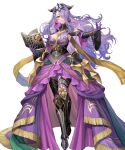  1girl book breasts camilla_(alluring_darkness)_(fire_emblem) camilla_(fire_emblem) cleavage crown dress fake_horns fire_emblem fire_emblem_fates fire_emblem_heroes gloves hair_over_one_eye highres holding holding_book horns large_breasts long_hair non-web_source official_alternate_costume official_art purple_dress purple_gloves solo wavy_hair 