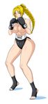  1girl blonde_hair blue_eyes boxing_gloves breasts convenient_censoring devil-v huge_breasts kickboxing original shorts 